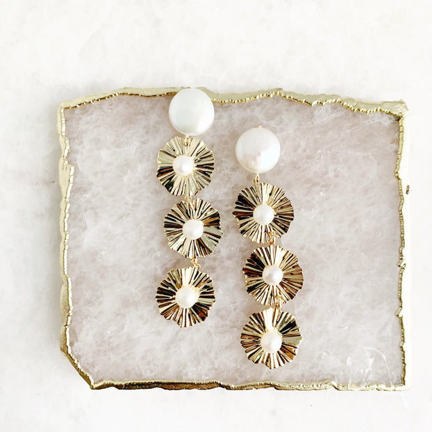 Coin Pearl and Three Sphere Drop Earrings