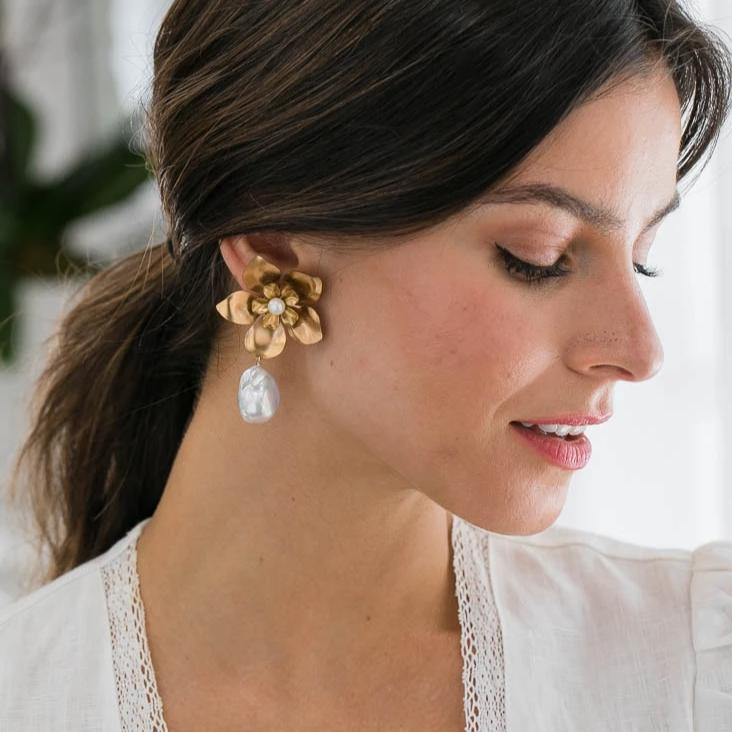 Large Double Flower Studs and Baroque Pearl – Kate and Mari Jewelry