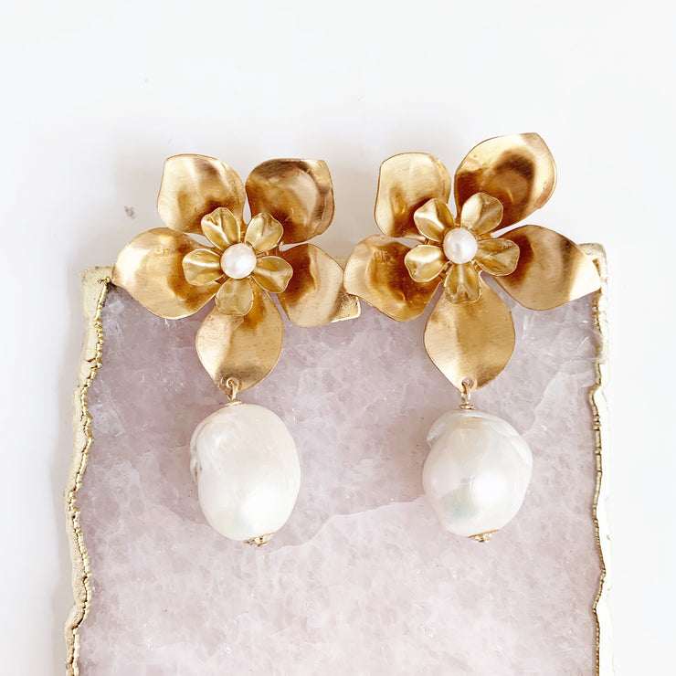 Large Double Flower Studs and Baroque Pearl